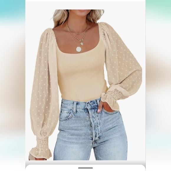 Amazon Tops - Zeagoo Square Neck Puff Long Sleeve Bodysuit Off Shoulder Leotard Sheer M